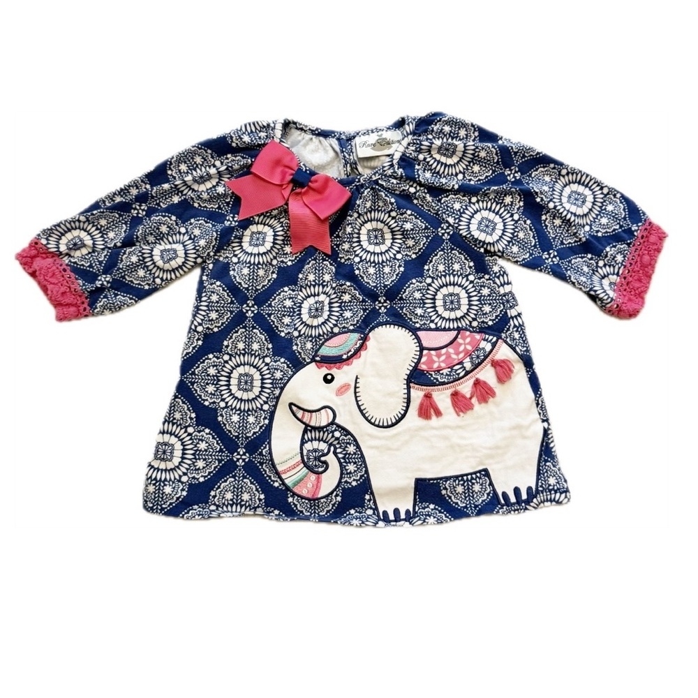 Rare Editions Tassel Elephant Top with Crochet Trim Sleeves and Pink Accent Bow